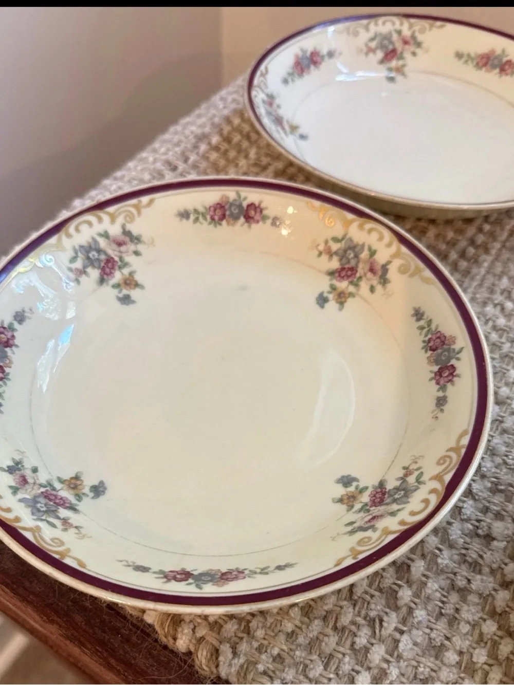 Vintage Bavarian China Dinner Plates - Ivory with Burgundy Accents